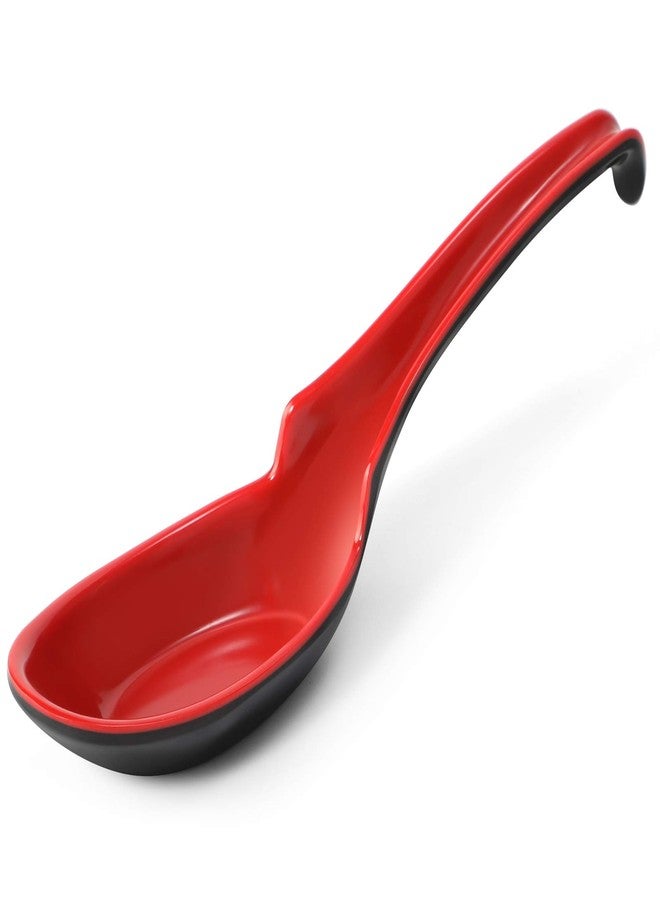 Hiware 12 PACK Asian Soup Spoons, Rice Spoons, Melamine Chinese Won Ton Soup Spoon For soba, pho, ramen, Noodle, Korean Style Large Spoon with Long Handle- Notch and Hook Style, Red ＆ Black - Image 1